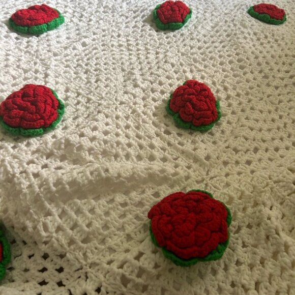 Vintage Boho Crochet Blanket with Red and Green Floral Rose Accents 104 inchX93 - Picture 10 of 16